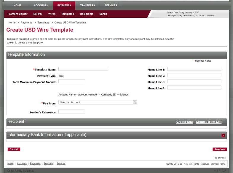 Step 1 Create reusable Templates Online Banking Wire Transfer Enrollment 1. Click on the Payment tab. 2. Click on Templates. 3. Select Create USD Wire Template. 4.