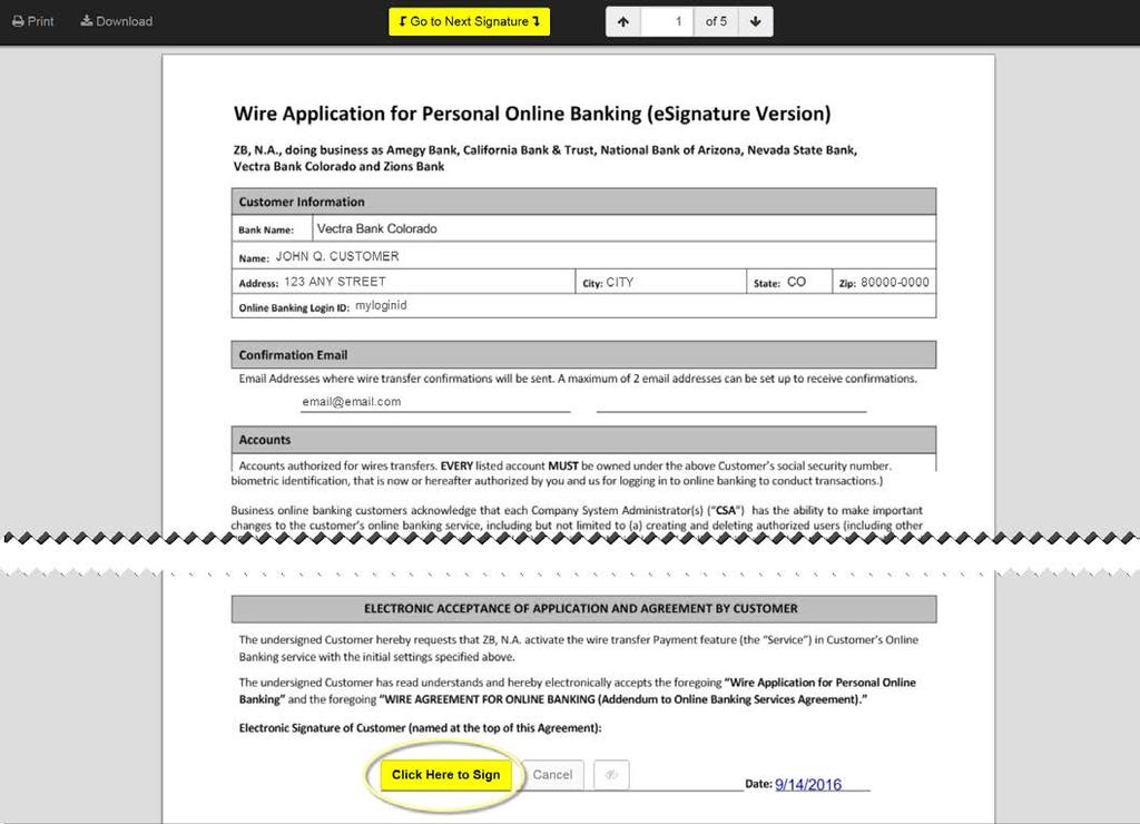 8. Review the Wire Application for Personal Online Banking (esignature