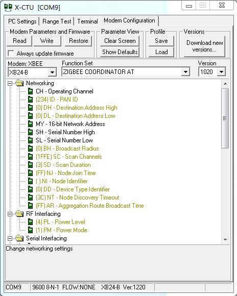 Figure 4: Getting the current parameters of XBee-A e) Select the option ZIBGEE ROUTER/END DEVICE AT under the pull-down menu Function Set of the XBee-A.