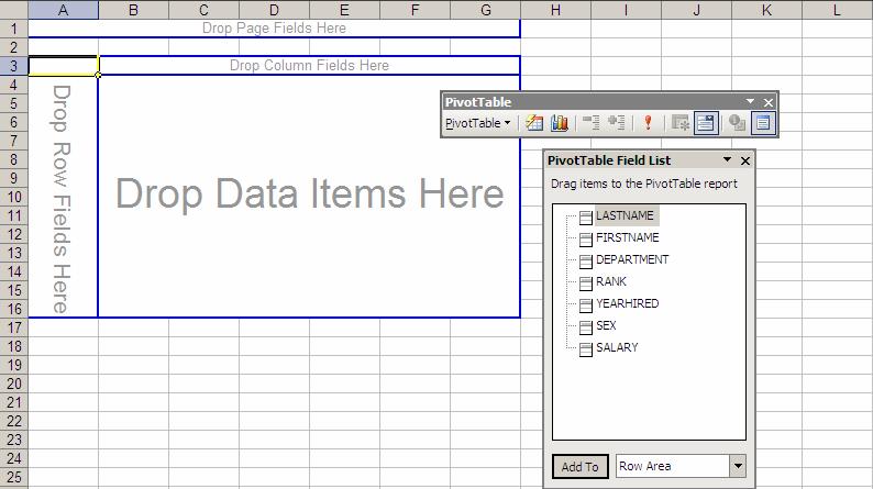 Begin building your pivot table PivotTable Toolbox Completed PivotTable You can click and drag these fields to other locations in the pivot table or remove them from the table.