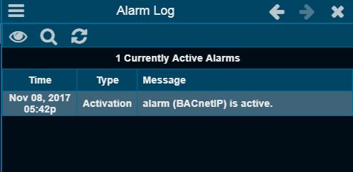 BASview 2 Alarm Log When the Alarm icon alarms have occurred is red and flashing, one or more Left-click this icon and you will see the Alarm Log window.