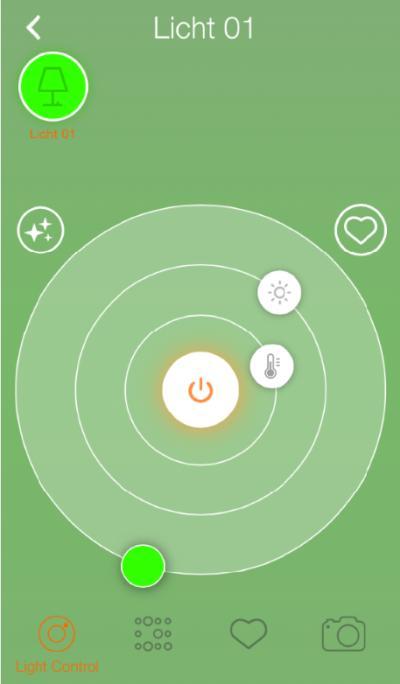 Light Standard settings, status overview, add or delete light Connection status Tap here to change the settings (colour, colour temperature, dimming level) Tap here to add a new light Swipe here