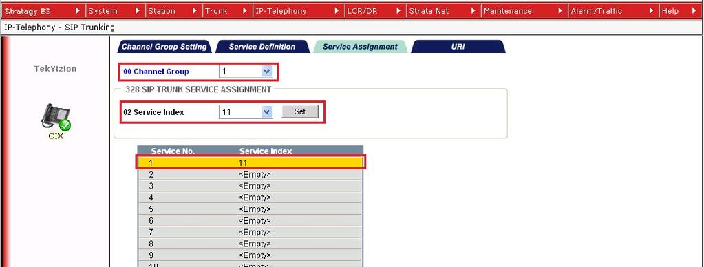 1 b 02 Service Index: Select 11 3 Click Set button The