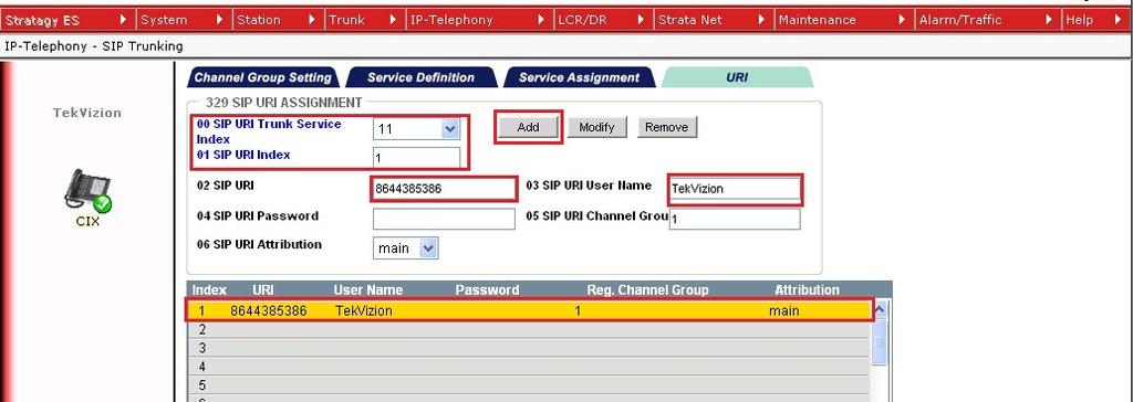 2.2.4 URI 1 Click the URI tab 328 SIP SERVICE ASSIGNMENT screen opens 2 Fill out the following parameters: a 00 SIP URI Trunk Service Index: Select 11 b 01 SIP URI Index: Select 1 c 02 SIP URI Enter
