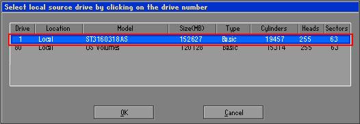 Figure B-14: Select a Local Source Drive Step 6: Select a source partition (Part 1) from basic drive as shown in
