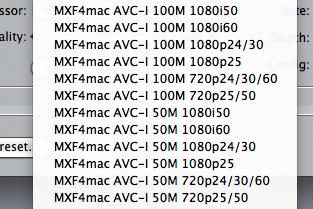 The following AVC-Intra formats are available in Sequence Settings: MXF4mac AVC-I 100M 1080i50 Frame Size is 1920 x 1080 Aspect Ratio is HDTV 1080i (16:9) Pixel Aspect Ratio is Square Field Dominance