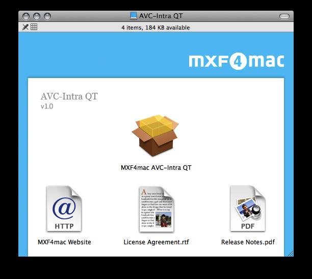 You find four files on the mounted disk image. - AVC-Intra QT: The installer application that installs all required files to use the AVC-Intra encoder for QuickTime.
