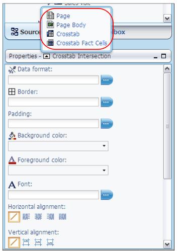 Properties pane Module 1 - pane displays the formatting options that are available for a selected object in a report - Ancestor button allows users to select any part of a selected object