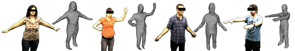 Figure 8. A single template mesh can be deformed to people of different size and gender. The color images are background segmented camera images and the mesh is rendered from a similar viewing angle.