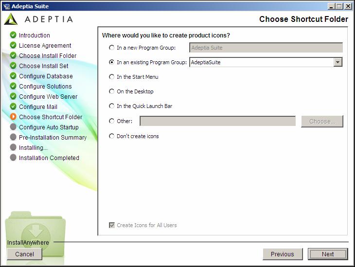 Figure 4.10: Choose Shortcut Folder 27. Select the appropriate radio button to define the location for the shortcut.