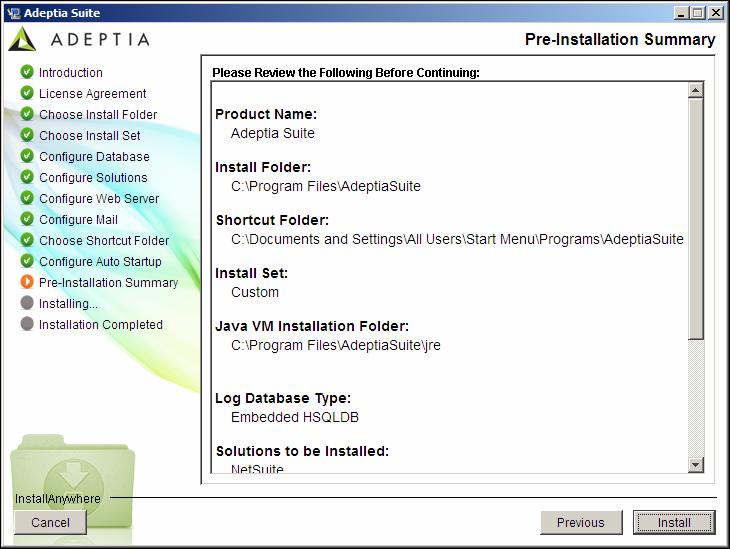 Figure 4.13: Pre-Installation Summary 34. This screen displays a brief summary for all settings selected while installing Adeptia Suite.