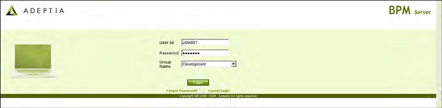 The Group drop-down menu is populated with only those groups of which the logged in user is a member. Figure 5.4: Adeptia Suite Select Group Screen 5.