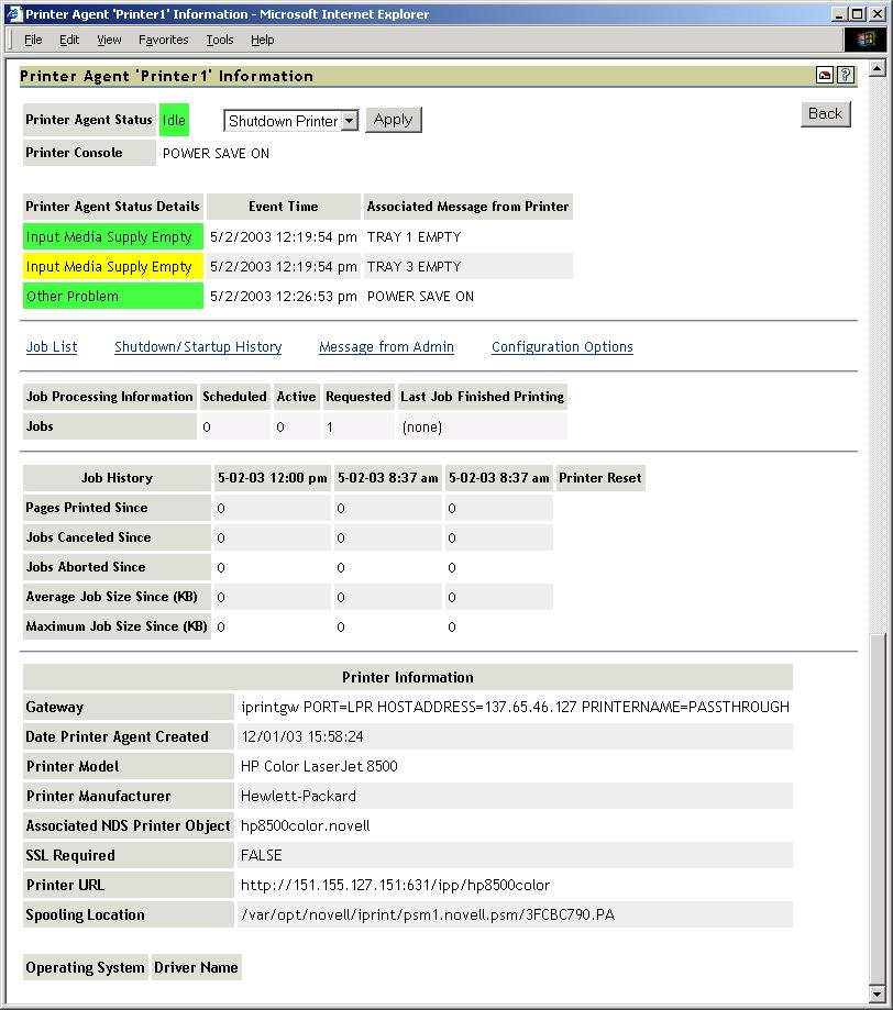 Figure 2-2 Printer Agent Information Page 2.3.1 Printer Agent Status Displays the current status of each Printer Agent.