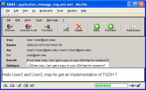 Figure 3 shows a MIME message transformed to XMaiL and displayed with the Mozilla Browser using an Outlook Express XSLT transformation. Fig. 3. The example mail transformed to XMaiL format and displayed using XSLT.