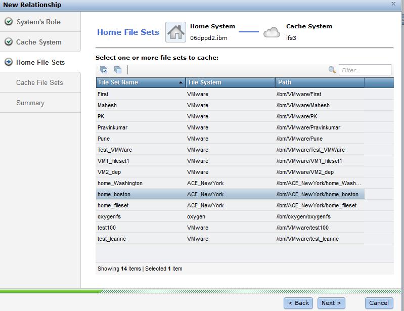 Figure 6: Active Cloud Engine new relation wizard selecting the home file set Next step is to define the cache file system at the Boston campus that contains the cache file sets as shown in the