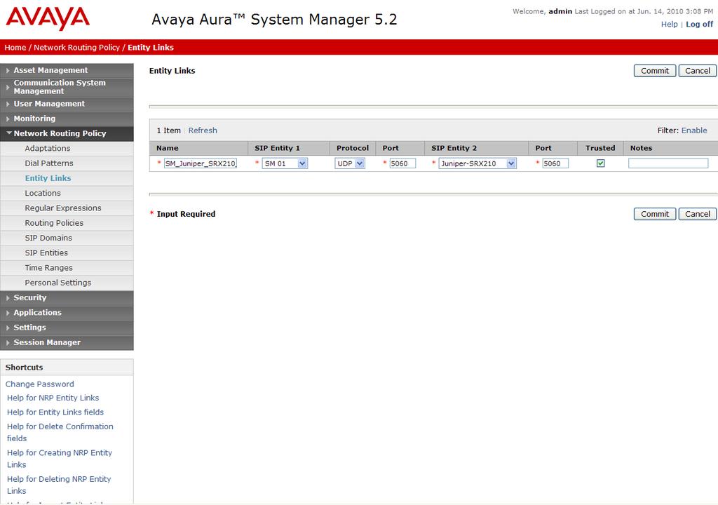The screen below shows the Entity Link between Session Manager and the sample branch Juniper SRX210.