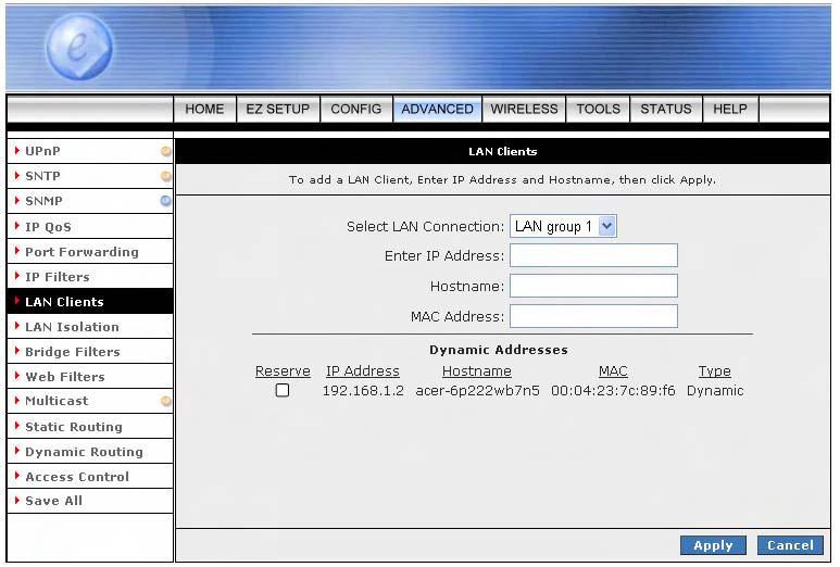 4.4.7.1 LAN Clients Configuration Procedure 1. From the LAN Clients screen, select LAN Connection, and enter IP Address, Hostname, and MAC Address. 2.