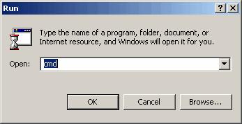 B. Windows 2000: 1. Click Start and Run. 2. In the open field, enter cmd then click OK. 3.