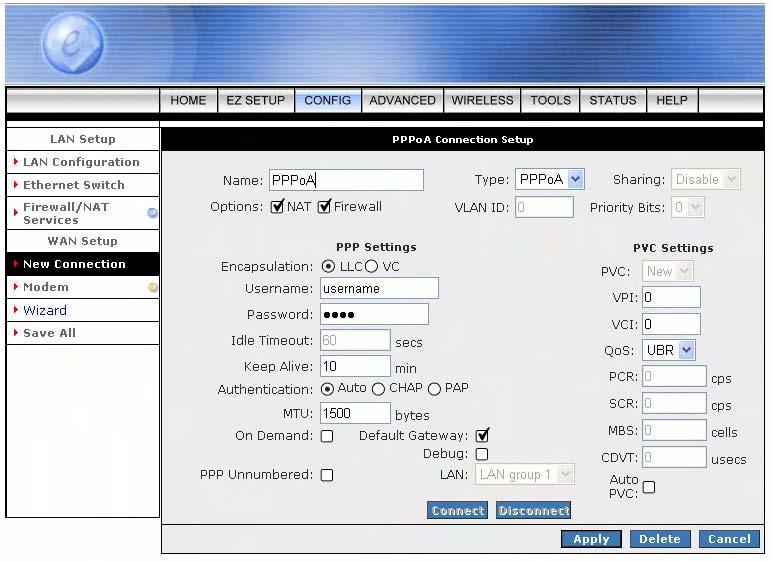 4.3.1.1.2 New Connection - PPPoA Connection Setup PPPoA: When PPPoA mode is selected, the following screen will pop-up. PPPoA is also known as RFC 2364.