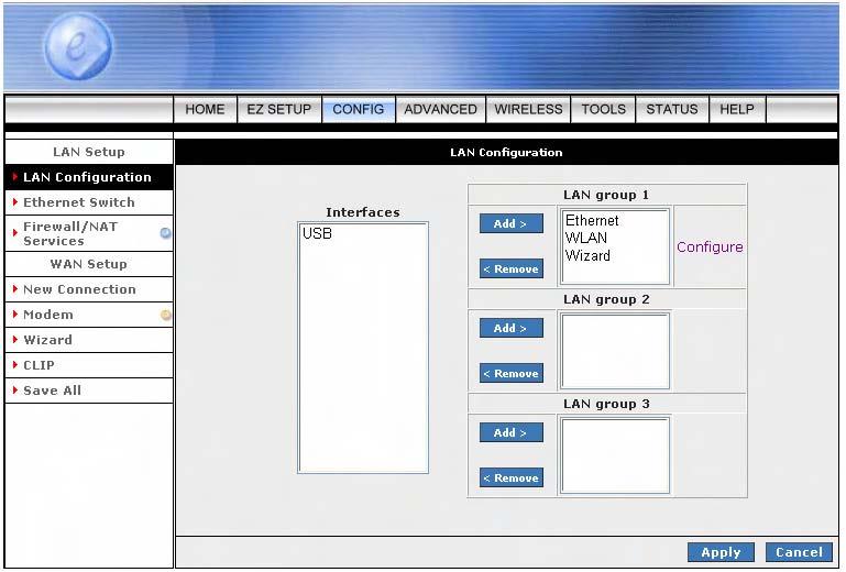 4.3.2.1.1 LAN Configuration Procedures 1. Select USB interface in LAN Group and click Remove. USB moves to the Interface box on the left as shown in figure below.