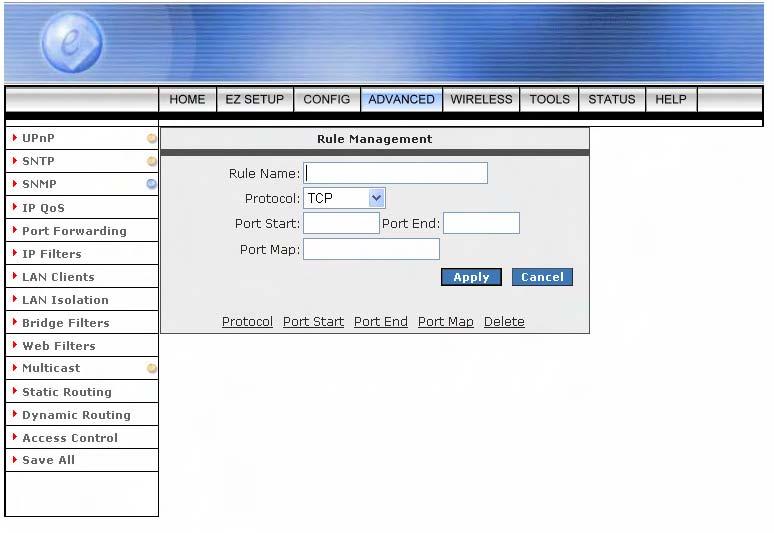 4.4.5.1 Port Forwarding Configuration Procedure 1. From the Port Forwarding configuration screen, select WAN Connection, LAN Group, and LAN IP.