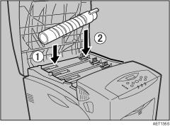 Holding the toner cartridge horizontally ( ) with the locking lever on the upper