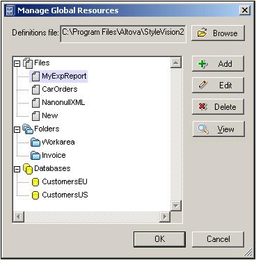Altova Global Resources Defining Global Resources 167 Managing global resources: adding, editing, deleting In the Manage Global Resources dialog (screenshot above), you can add a global resource to