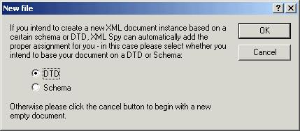 Assigning a DTD/XML Schema to a new XML document When you create a new document of a certain type that is based on a standard schema (DTD or XML Schema), the document is automatically opened with the