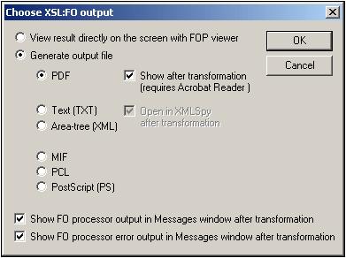 User Reference XSL/XQuery Menu 255 You can view the output of the FO processor directly on screen using FOP viewer or you can generate an output file in any one of the following formats: PDF, text,