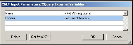 256 User Reference XSL/XQuery Menu button will be enabled. Clicking this button inserts parameters declared in the XSLT into the dialog together with their default values.