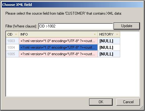 264 User Reference Authentic Menu the Choose XML Field dialog (screenshot below), which displays the table containing the XML column. You can enter a filter for this table.