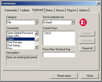 User Reference Tools Menu 279 Keyboard The Keyboard tab allows you to define (or change) keyboard shortcuts for any XMLSpy command. To assign a new Shortcut to a command: 1.