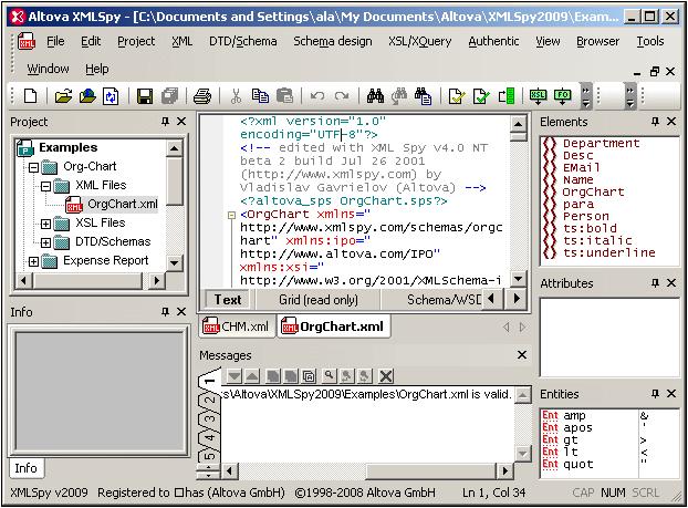 18 2.1 XMLSpy Tutorial XMLSpy Interface XMLSpy Interface The XMLSpy interface is structured into three vertical areas. The central area provides you with multiple views of your XML document.