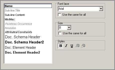 User Reference Tools Menu 289 Font face You can select the font face and size to be used for displaying the various items in the Schema Design view.