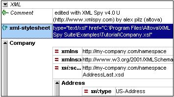 XMLSpy Tutorial XSLT Transformations 33 An XML-stylesheet processing instruction is inserted in the XML document that references the XSL file. If you activated the Make Path Relative to CompanyLast.