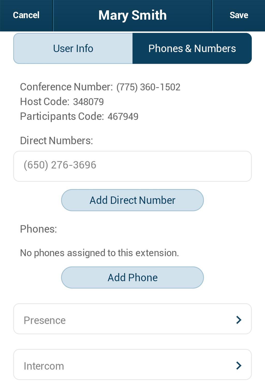 RingCentral Office@Hand from AT&T Mobile App User Guide Settings Change User Password when needed from this menu. Phones and Numbers At the top of the User Info screen, tap Phones and Numbers.