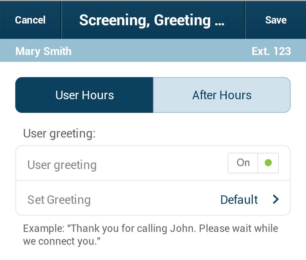 RingCentral Office@Hand from AT&T Mobile App User Guide Settings Call Screening, Greeting & Hold Music From the Menu go to Settings > My Extension Settings > Call Screening, Greeting & Hold Music.