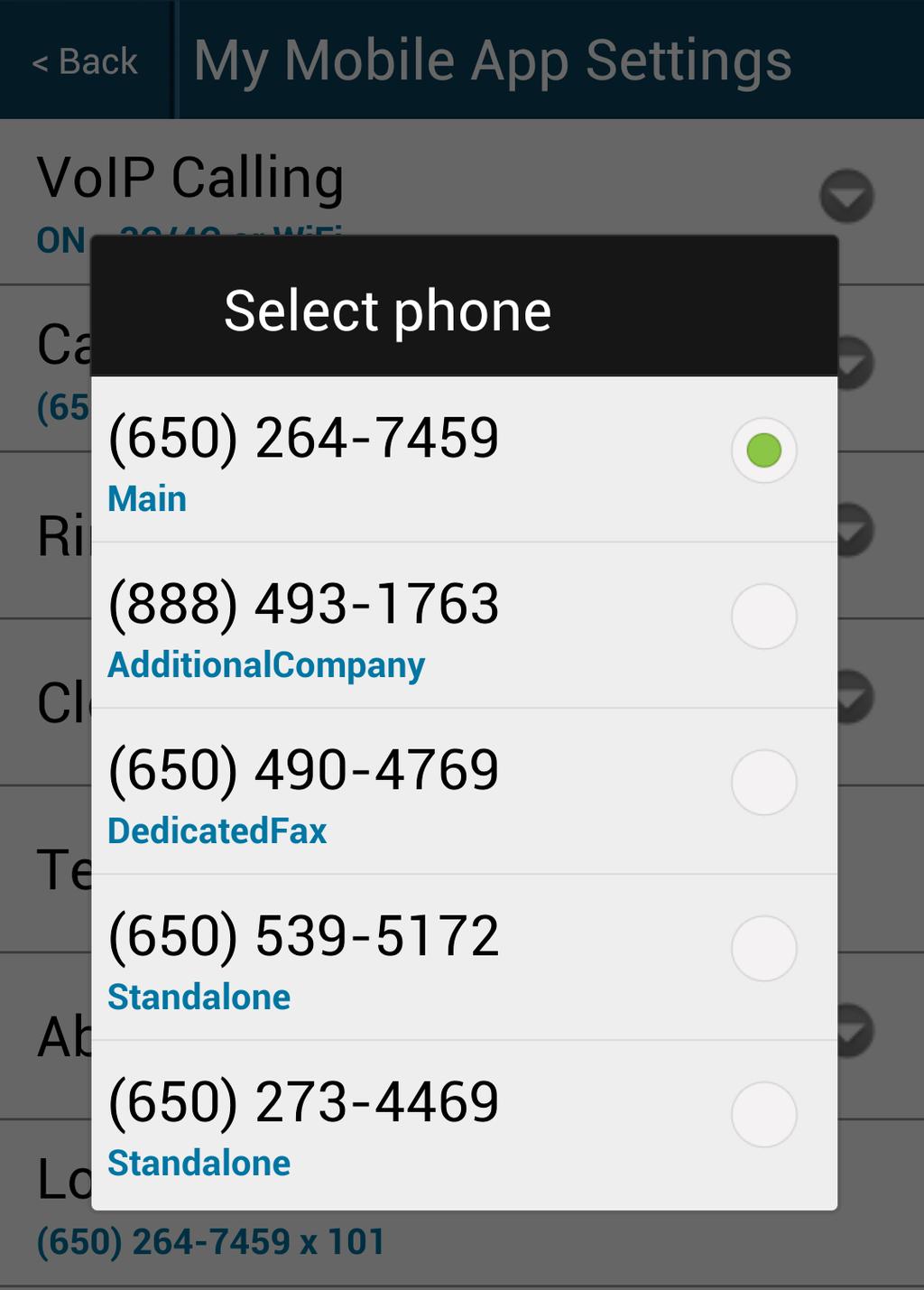 RingCentral Office@Hand from AT&T Mobile App User Guide Settings Caller ID To set the number you want people to see when you place calls, tap Caller ID.