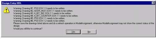 13 Assignment window, a warning message appears, prompting you to save the schematic pages where you made changes and then perform the refresh operation in the Model Assignment window.