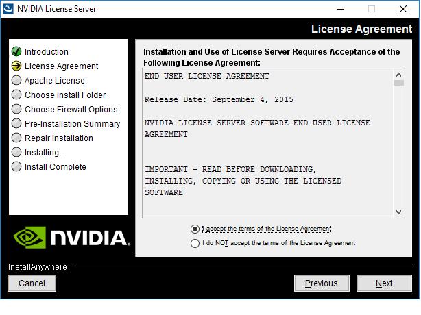 Installing the NVIDIA vgpu Software License Server Figure 3 License Agreements on Windows 3.