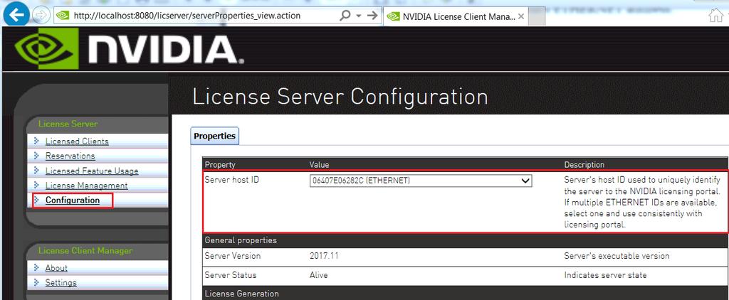 Managing Licenses on the NVIDIA vgpu Software License Server Figure 14 Obtaining the License Server's MAC Address You must use the same ETHERNET ID to consistently identify the server when generating