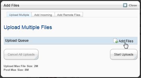 Uploading multiple files 1. Click Upload Multiple on the top-right of the File Manager: You'll see the Add Files interface. Click the Add Files link and you can add files from your computer.
