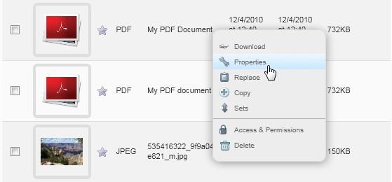 Changing a file's properties Once a file has been uploaded, you can change its properties from the main