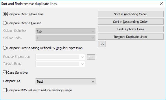 4.2.25. Sort And Find/Remove Duplicated Lines * You can sort or find/remove duplicate lines by selecting the menu item Edit, then Sort And Find/Remove Duplicate Lines.