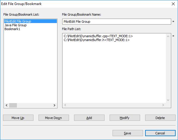 1 3 2 4 5 6 7 8 9 10 1. File Group/Bookmark Name. 2. File Path List. The files listed here will be opened when you choose to open the file group/bookmark. 3. File Group List. 4. Click Move Up to move the selected strings up.