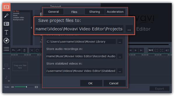 How to change where projects are saved 1. Open the Settings menu and choose Preferences. 2. Click the Files tab. 3.