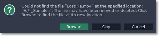 Media use When you open a previously created project, you may see a message saying that a file is missing from the project.