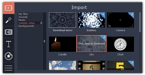 Step 2: Choose a media type On the left side of the Import tab, you can switch between using your own media files and adding clips from the stock collection.