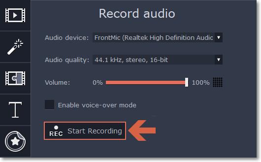 5. On the Timeline, place the progress marker to where you want the recording to begin. You will be able to move the clip later. Step 3: Record sound 1. When you're ready, click Start Recording.
