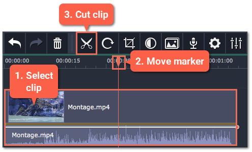 Cutting clips Use the scissors button on the toolbar to cut video and audio clips into parts. To delete a clip you don't need, click the trash can button.